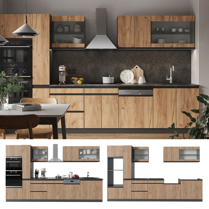 Vicco Cucina componibile Quercia dorata/antracite 350 cm Forma a J, con mobile alto, senza piano di lavoro