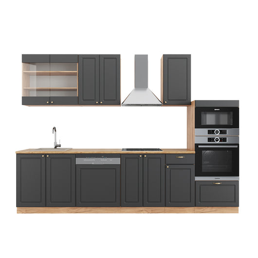 Vicco Cucina componibile Antracite Country House/oro Kraft Oak 300 cm con armadio alto, PL Rovere