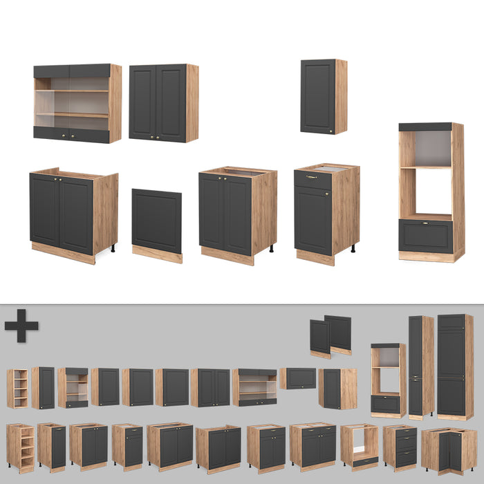 Vicco Cucina componibile Antracite Country House/oro Kraft Oak 300 cm con armadio alto, senza piano di lavoro