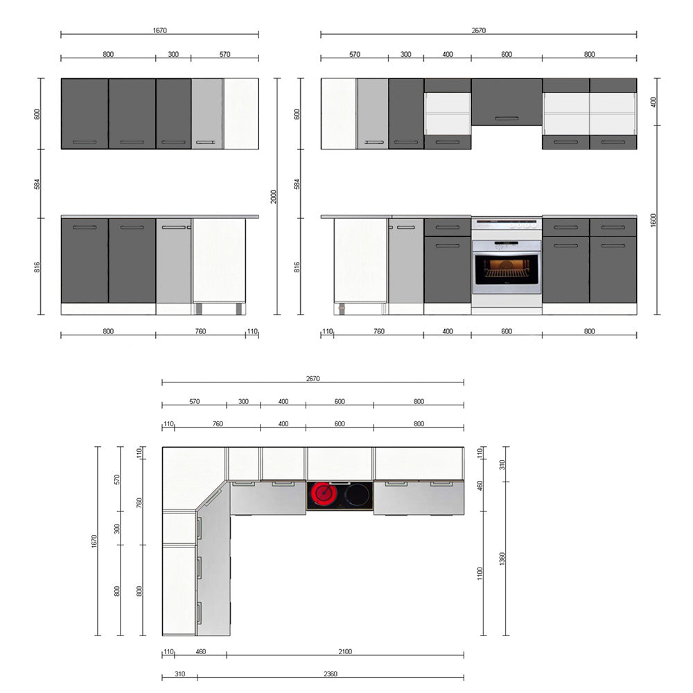 Vicco Cucina angolare completa Bianco/antracite lucido 267 x 167 cm , PL Marmo