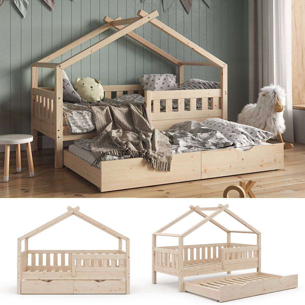 Vitalispa Letto montessori bambini Legno naturale 80x160 cm con letto per ospiti