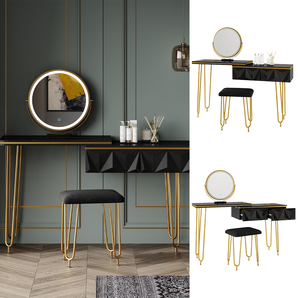 Vicco Tavolo da toeletta Nero 120 cm con specchio LED e sgabello