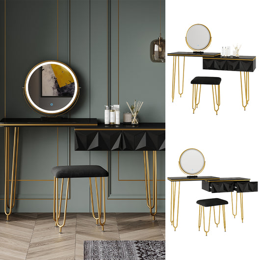 Vicco Tavolo da toeletta Nero 120 cm con specchio LED e sgabello