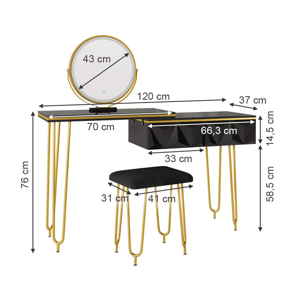Vicco Tavolo da toeletta Nero 120 cm con specchio LED e sgabello