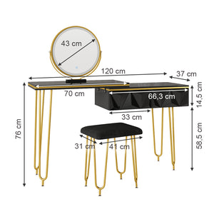 Vicco Tavolo da toeletta Nero 120 cm con specchio LED e sgabello