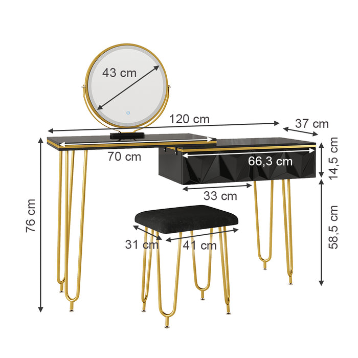 Vicco Tavolo da toeletta Nero 120 cm con specchio LED e sgabello