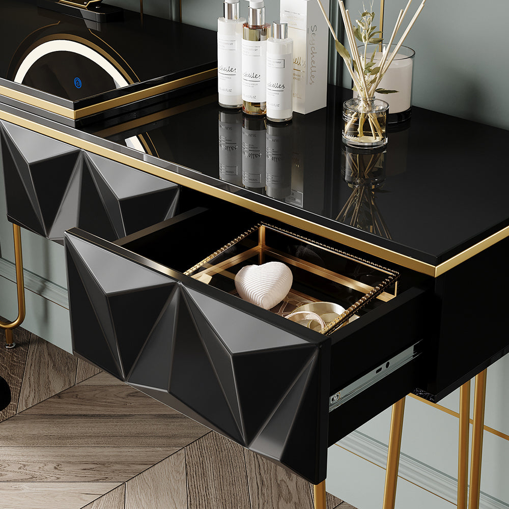 Vicco Tavolo da toeletta Nero 120 cm con specchio LED e sgabello