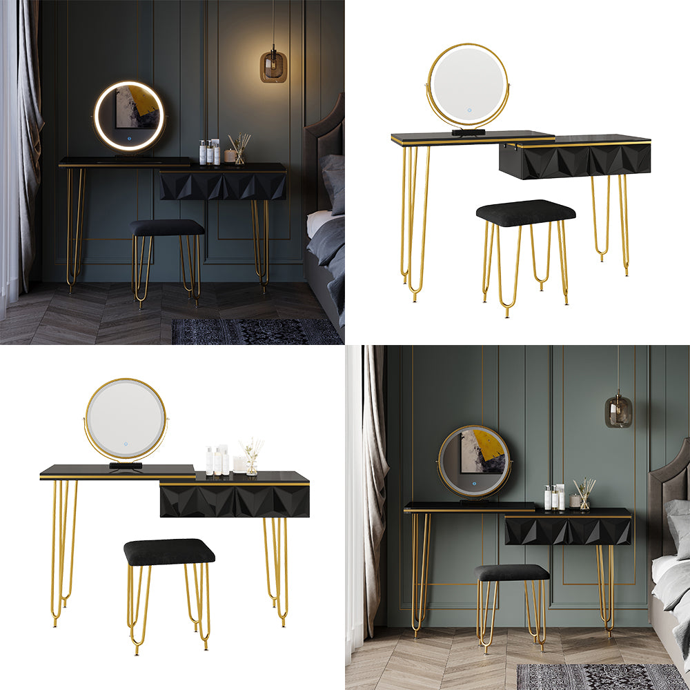 Vicco Tavolo da toeletta Nero 120 cm con specchio LED e sgabello