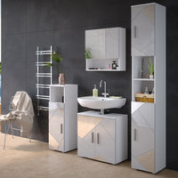 Vicco Set mobili bagno Bianco lucido con inserti 4 parti, con armadio alto