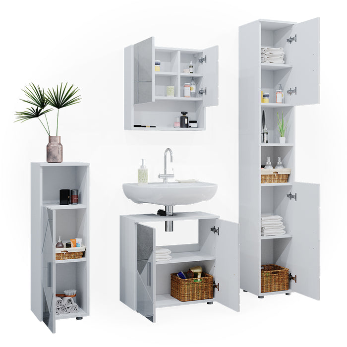 Vicco Set mobili bagno Bianco lucido con inserti 4 parti, con armadio alto