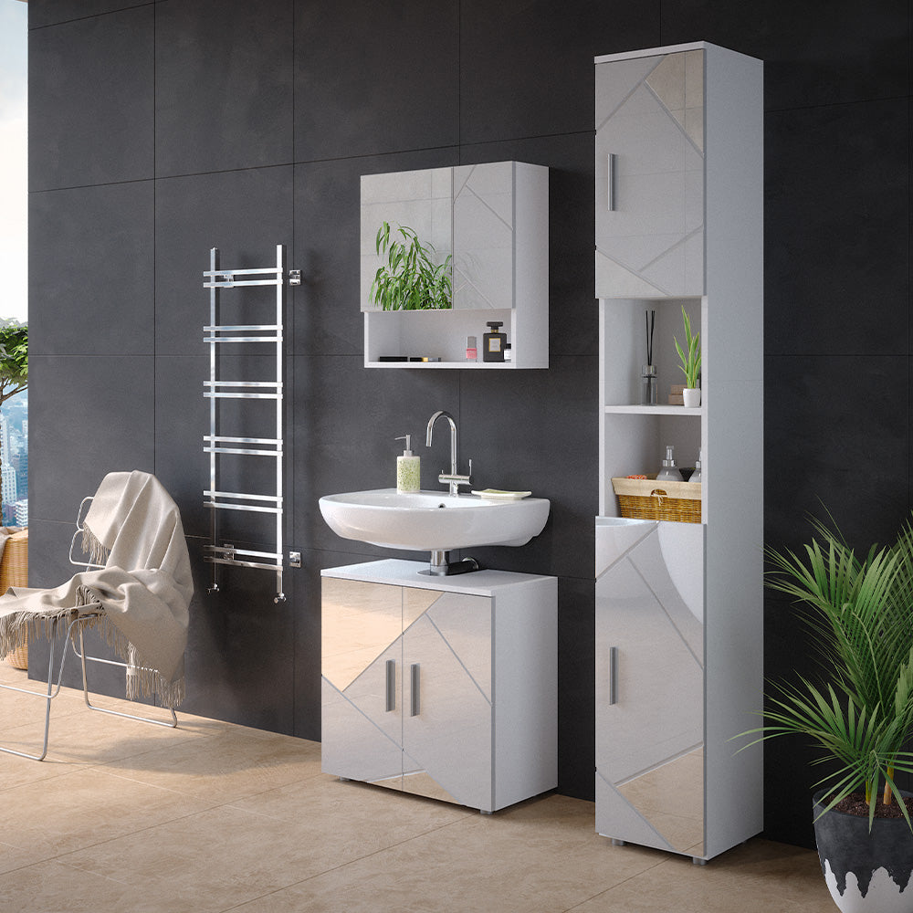 Vicco Set mobili bagno Bianco lucido con inserti 3 parti, con cassettiera e colonna
