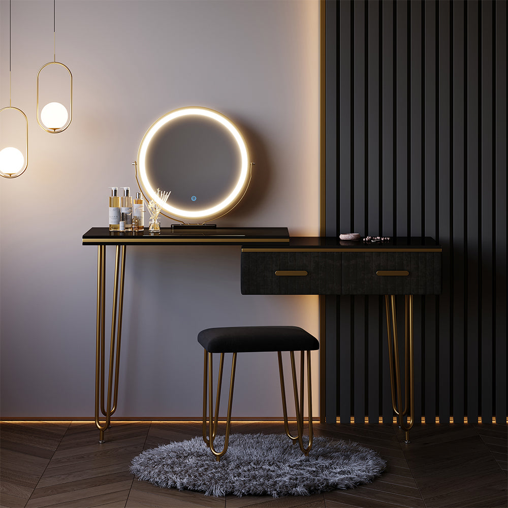 Vicco Tavolo da toeletta Nero 120 cm con specchio LED e sgabello