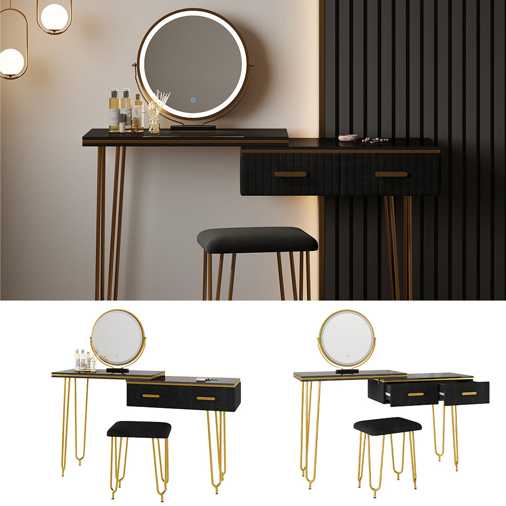 Vicco Tavolo da toeletta Nero 120 cm con specchio LED e sgabello