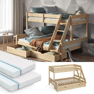 Vitalispa Letto a castello Legno naturale 140x200 / 90x200 cm con 2 materassi e 2 cassetti