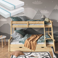 Vitalispa Letto a castello Legno naturale 140x200 / 90x200 cm con 2 materassi e 2 cassetti