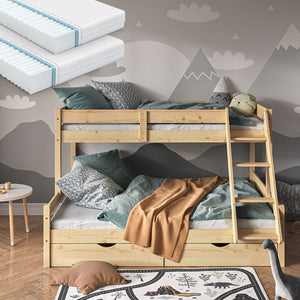 Vitalispa Letto a castello Legno naturale 140x200 / 90x200 cm con 2 materassi e 2 cassetti