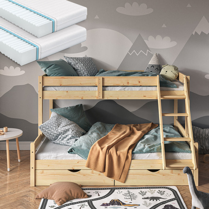 Vitalispa Letto a castello Legno naturale 140x200 / 90x200 cm con 2 materassi e 2 cassetti