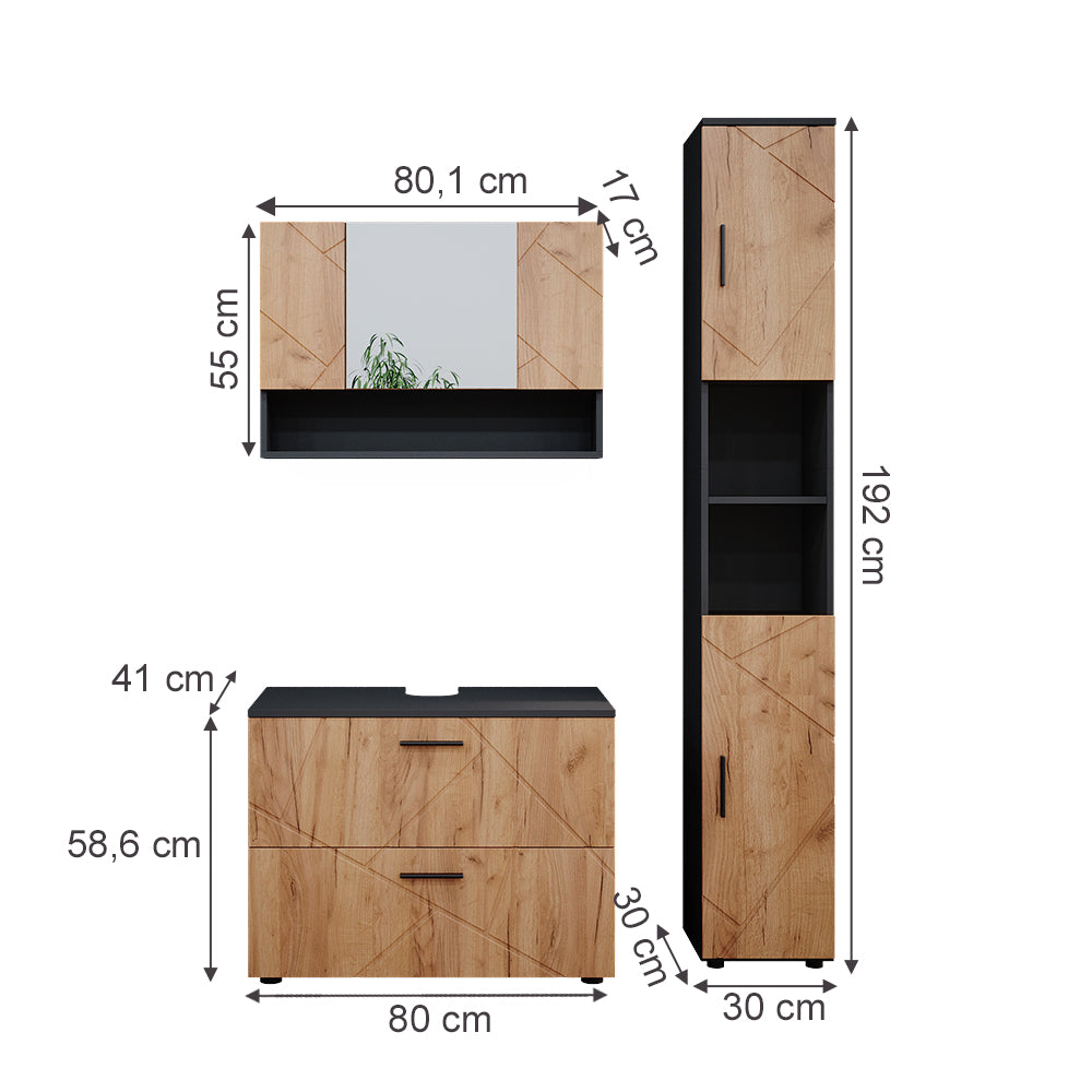 Vicco Set mobili bagno Quercia dorata/antracite 3 pezzi, base 80 cm