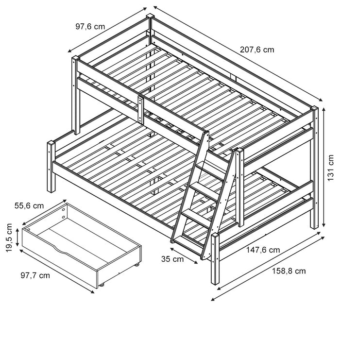 Vitalispa Letto a castello Legno naturale 140x200 / 90x200 cm con 2 materassi e 2 cassetti