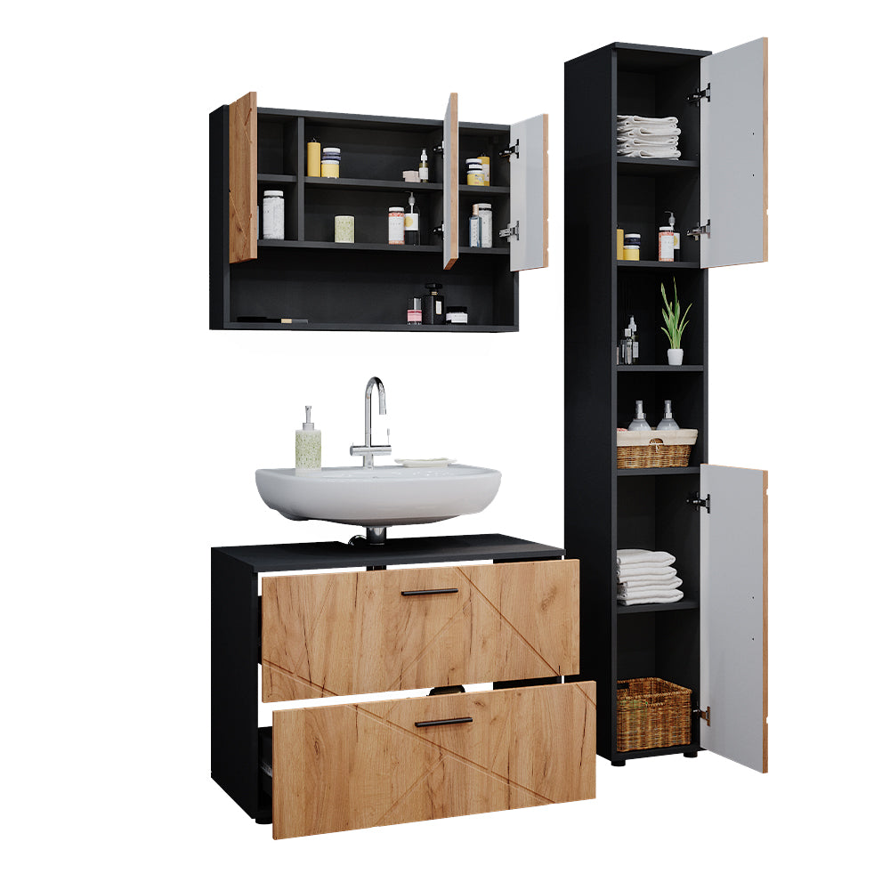 Vicco Set mobili bagno Quercia dorata/antracite 3 pezzi, base 80 cm