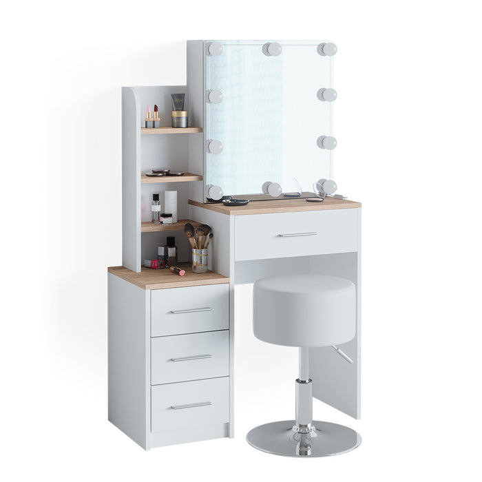 Vicco Tavolo da toeletta Bianco/Sonoma 36 cm con illuminazione LED e sgabello