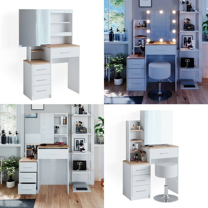 Vicco Tavolo da toeletta Bianco/Sonoma 36 cm con illuminazione LED e sgabello