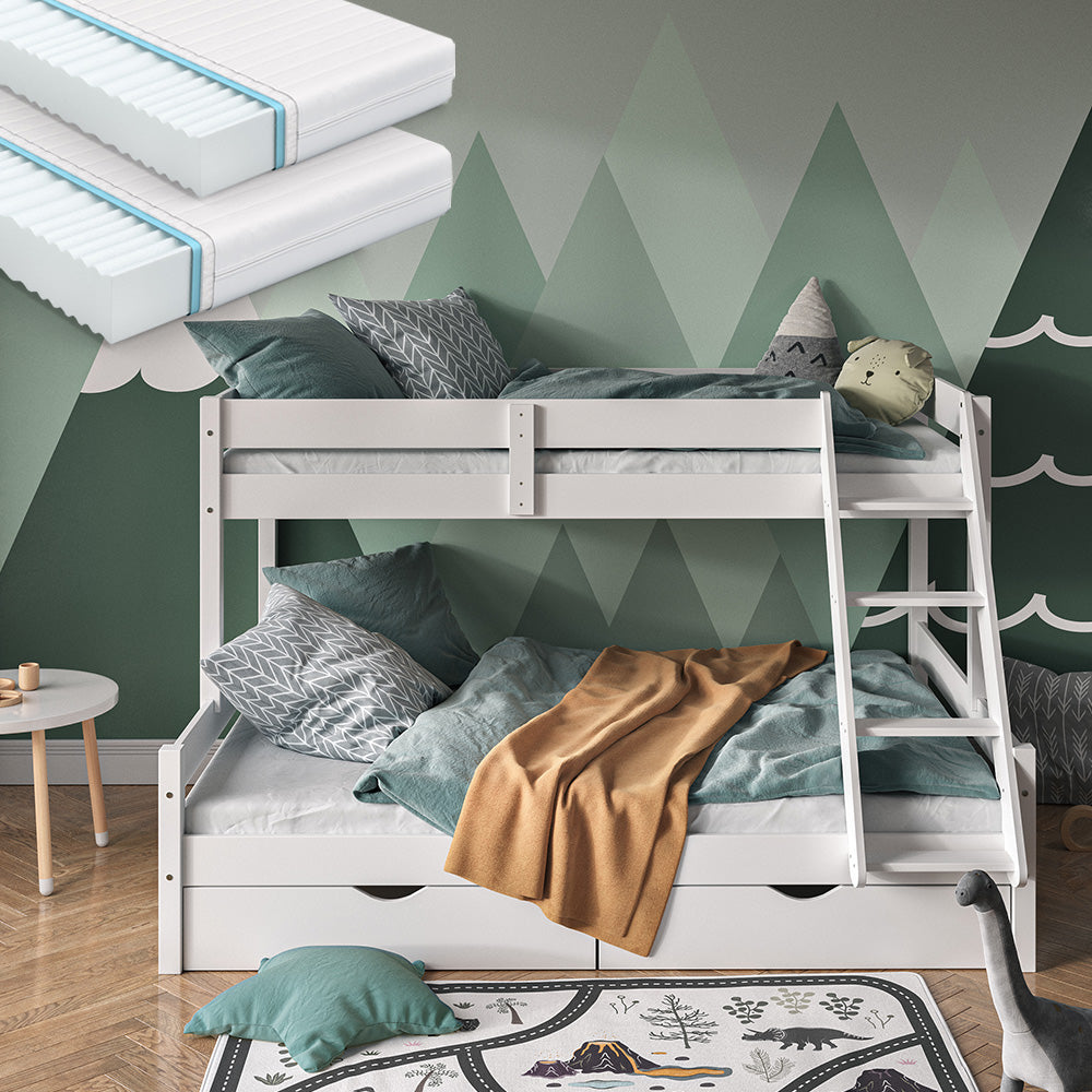 Vitalispa Letto a castello Bianco 140x200 / 90x200 cm con 2 materassi e 2 cassetti