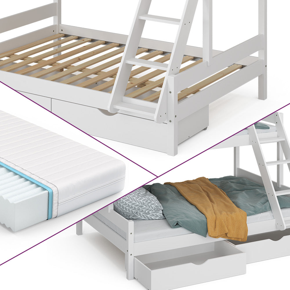 Vitalispa Letto a castello Bianco 140x200 / 90x200 cm con 2 materassi e 2 cassetti