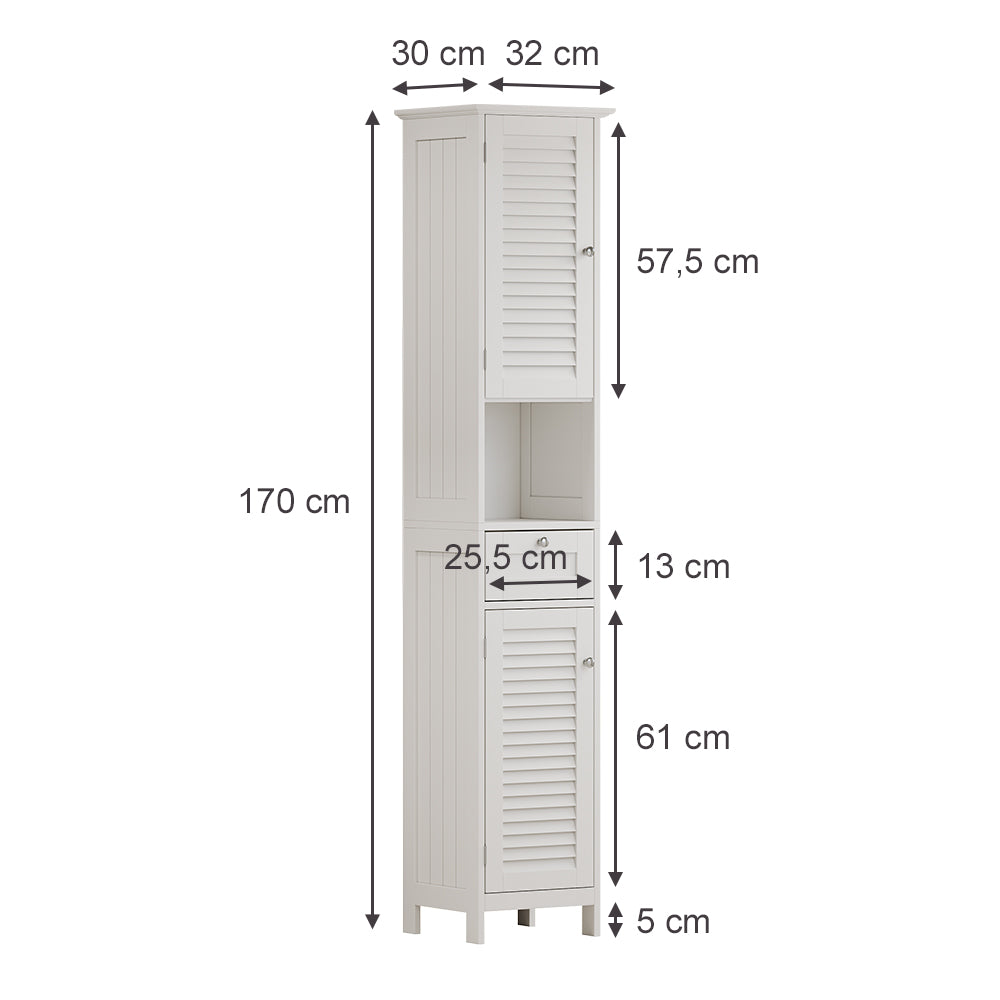 Vicco Armadio per il bagno Bianco 32 x 170 cm con ante, cassetto e vano a giorno