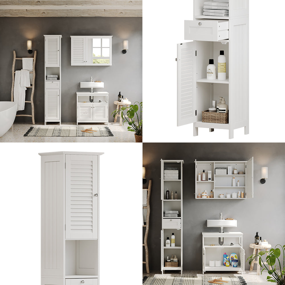 Vicco Armadio per il bagno Bianco 32 x 170 cm con ante, cassetto e vano a giorno