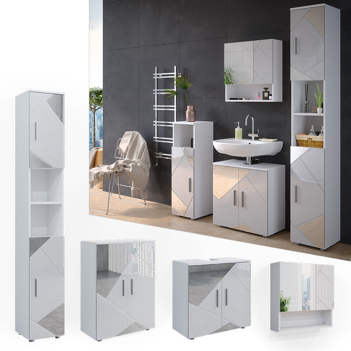 Vicco Set mobili bagno Bianco lucido con inserti 4 parti, con armadio alto e cassettiera