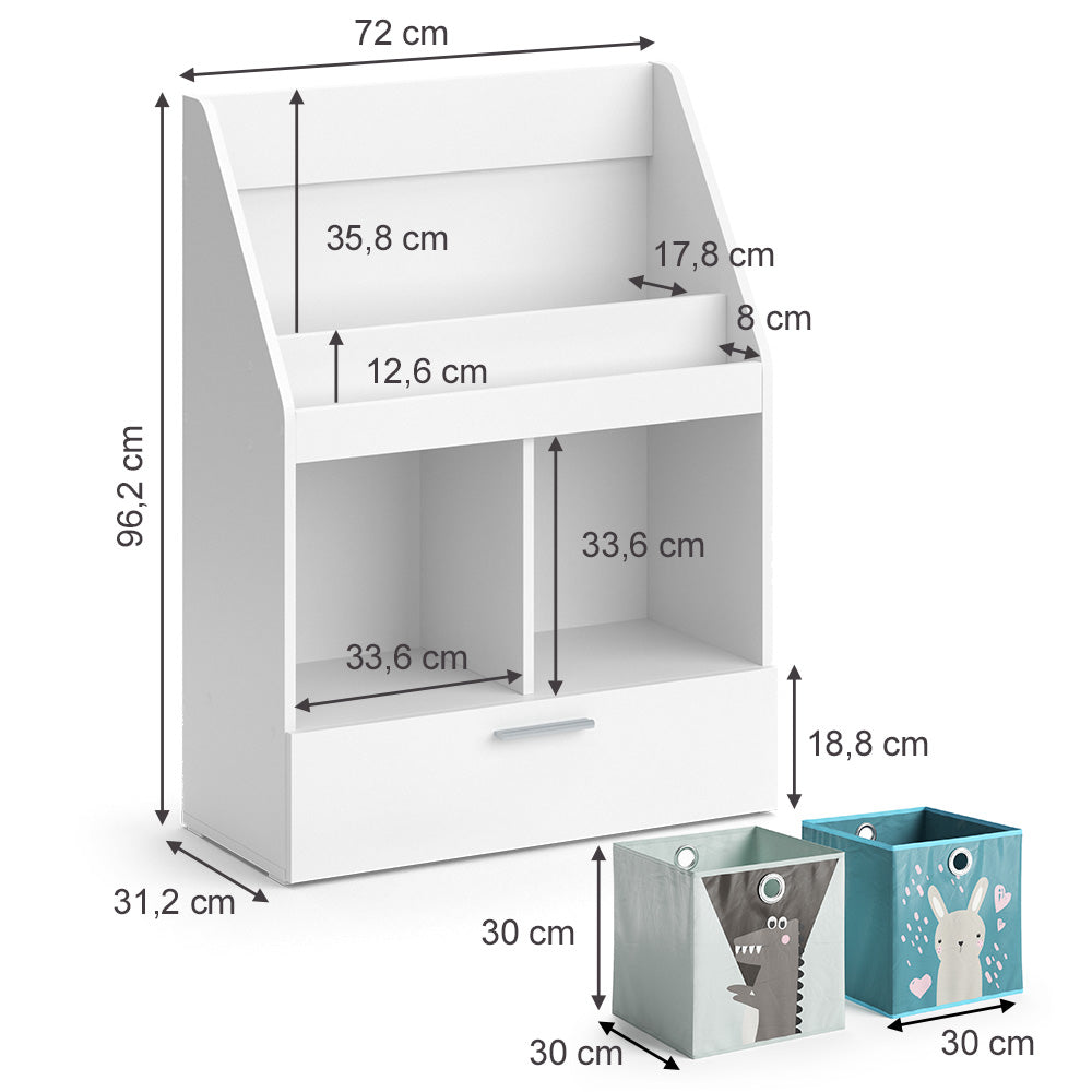 Vicco Libreria bambini Bianco 31.2 x 96.2 cm con cassetto e 2 scatole pieghevoli opt.1