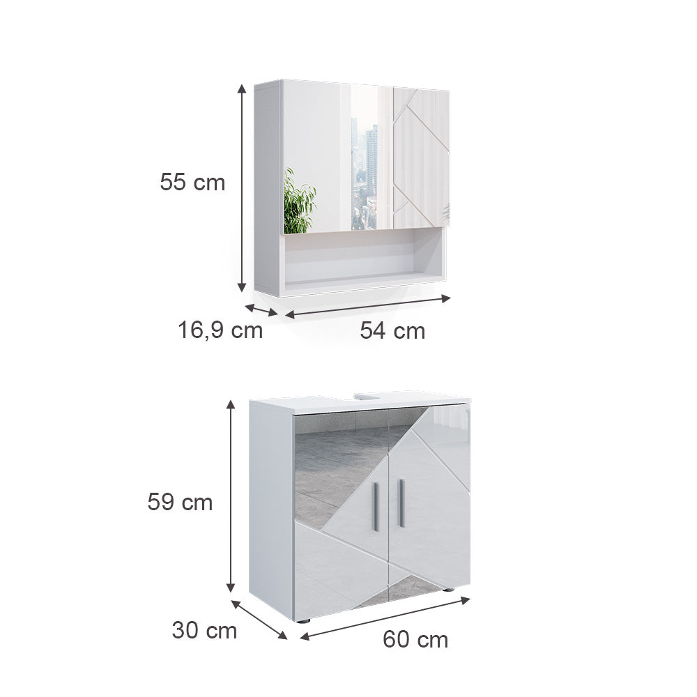 Vicco Set mobili bagno Bianco lucido con inserti 2 parti, mobile base 60 cm