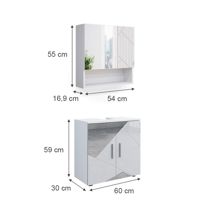Vicco Set mobili bagno Bianco lucido con inserti 2 parti, mobile base 60 cm