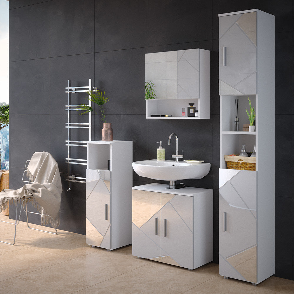 Vicco Set mobili bagno Bianco lucido con inserti 4 parti, con armadio alto e cassettiera