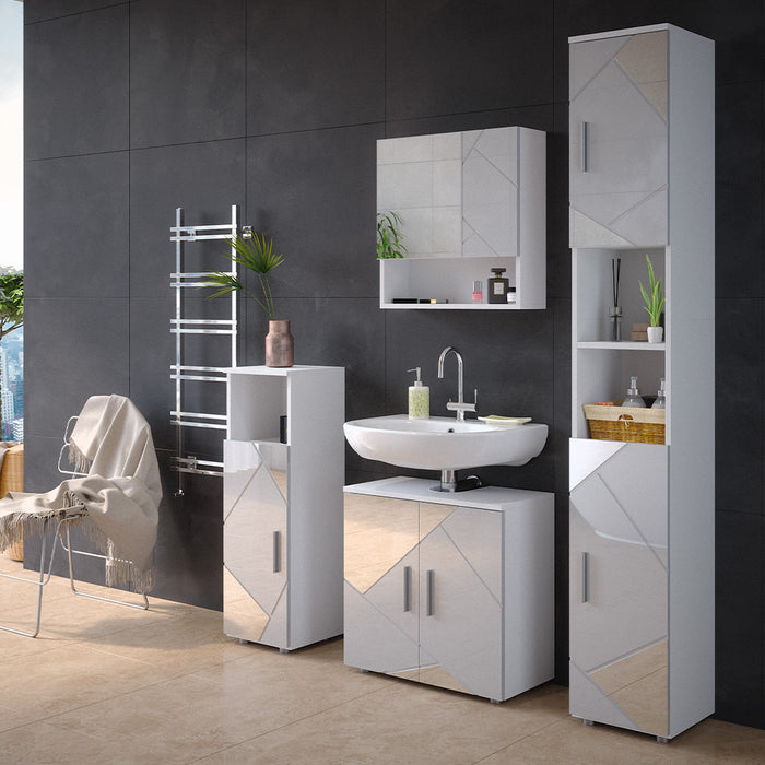 Vicco Set mobili bagno Bianco lucido con inserti 4 parti, con armadio alto e cassettiera