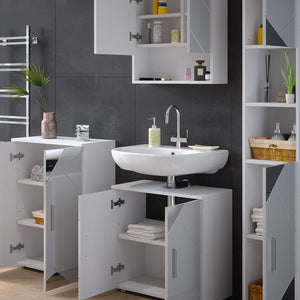 Vicco Set mobili bagno Bianco lucido con inserti 4 parti, con armadio alto e cassettiera