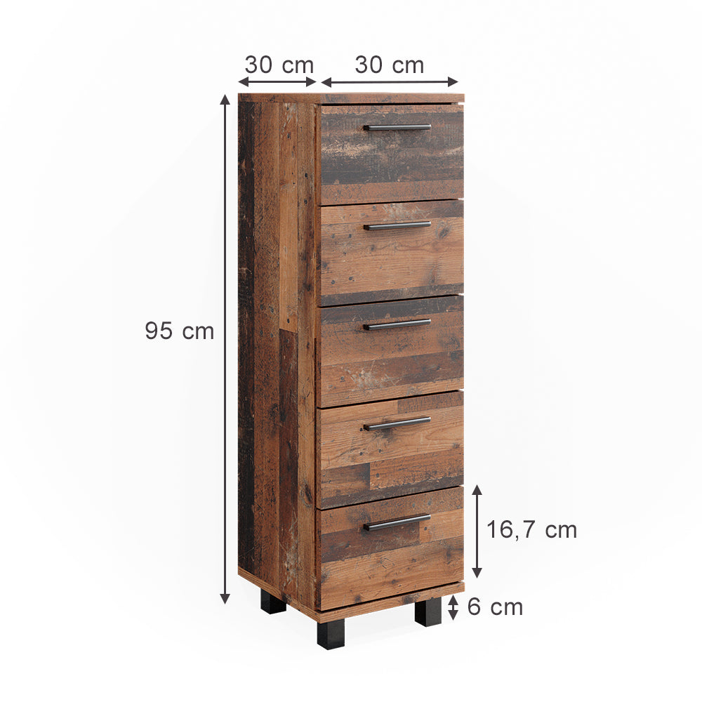 Vicco Mobiletto bagno Rovere rustico 30 x 95 cm con 5 cassetti