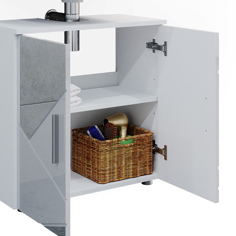 Vicco Set mobili bagno Bianco lucido con inserti 4 parti, con armadio alto e cassettiera