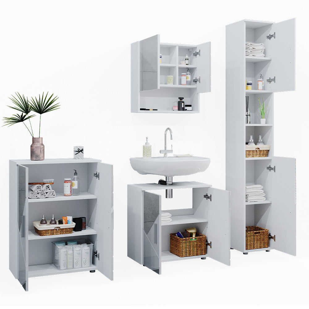 Vicco Set mobili bagno Bianco lucido con inserti 4 parti, con armadio alto e cassettiera