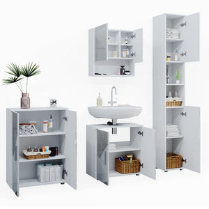 Vicco Set mobili bagno Bianco lucido con inserti 4 parti, con armadio alto e cassettiera