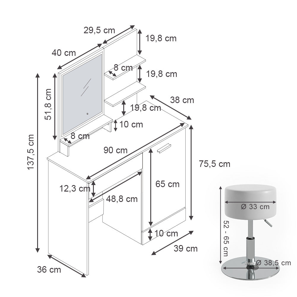 Vicco Tavolo da toeletta Bianco 90 cm con specchio LED e sgabello