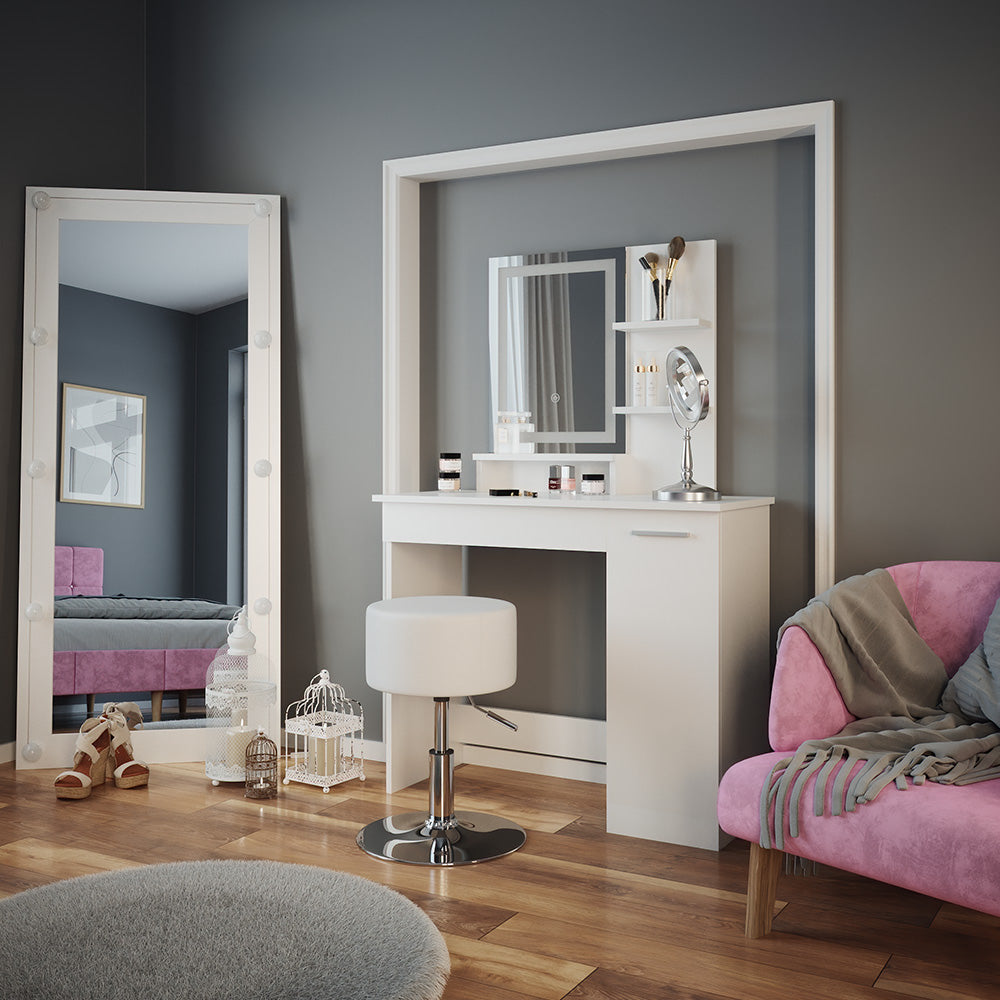 Vicco Tavolo da toeletta Bianco 90 cm con specchio LED e sgabello