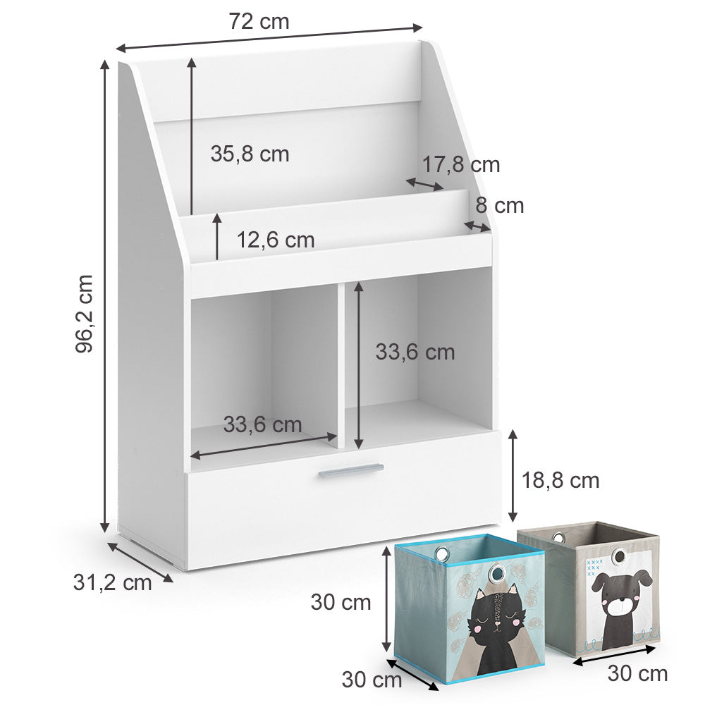 Vicco Libreria bambini Bianco 31.2 x 96.2 cm con cassetto e 2 scatole pieghevoli opt.3