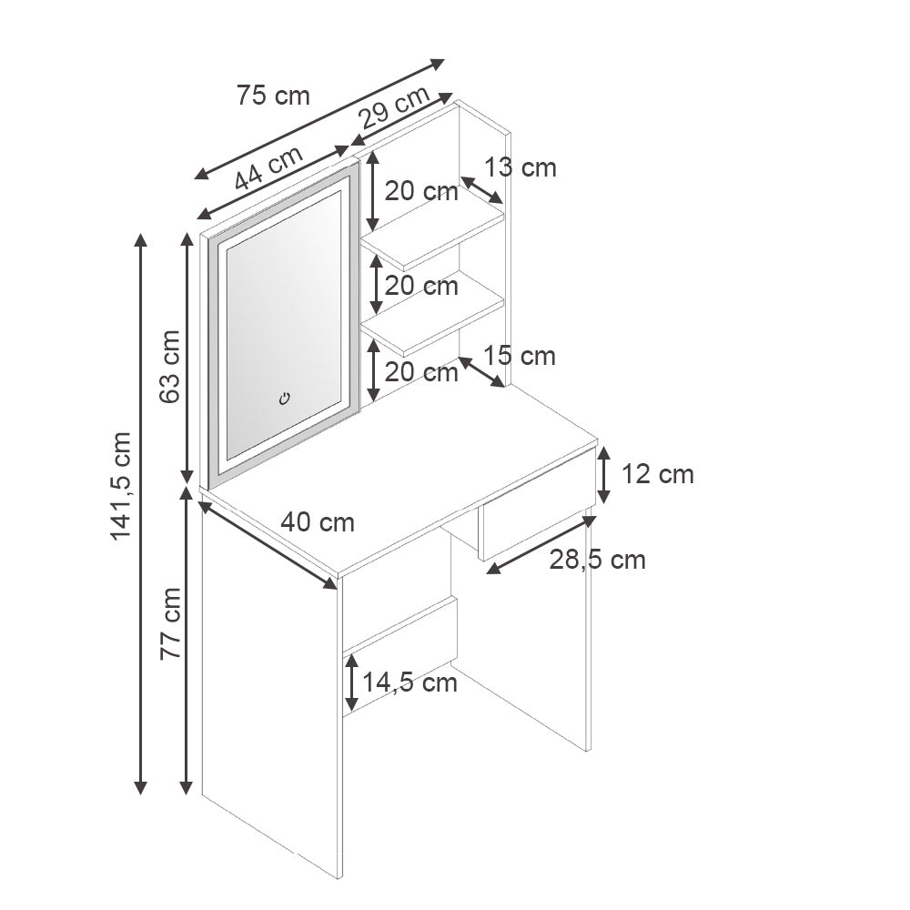 Vicco Tavolo da toeletta Bianco 75 cm con specchio a LED