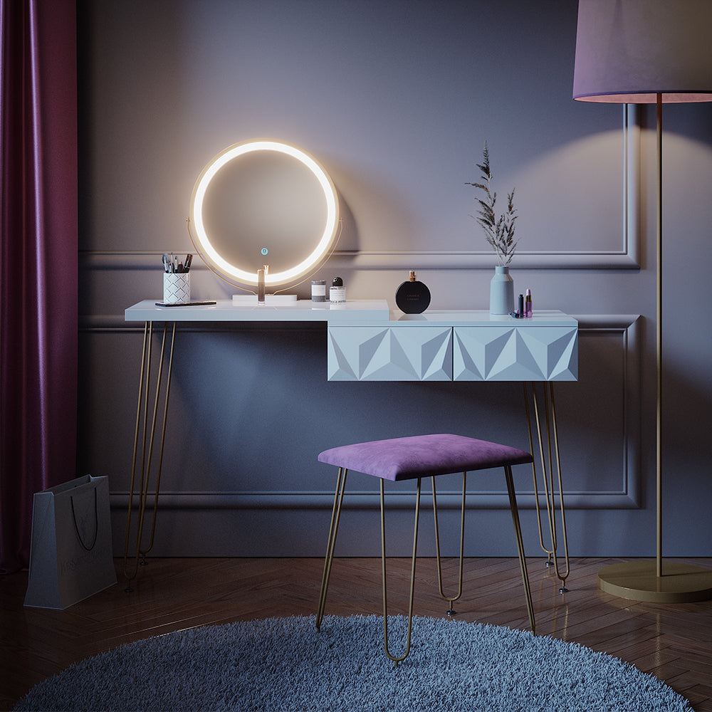 Vicco Tavolo da toeletta Bianco 120 cm con illuminazione LED e sgabello