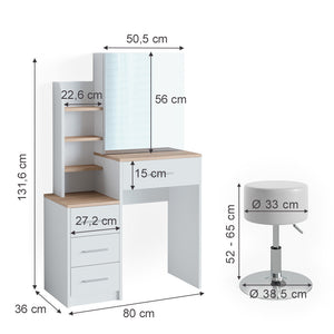 Vicco Tavolo da toeletta Bianco/Sonoma 36 cm con sgabello