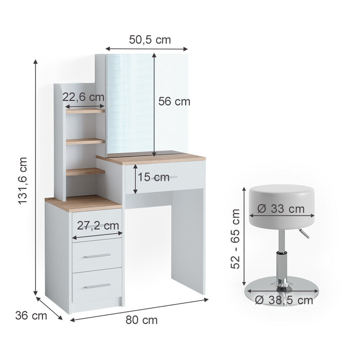 Vicco Tavolo da toeletta Bianco/Sonoma 36 cm con sgabello