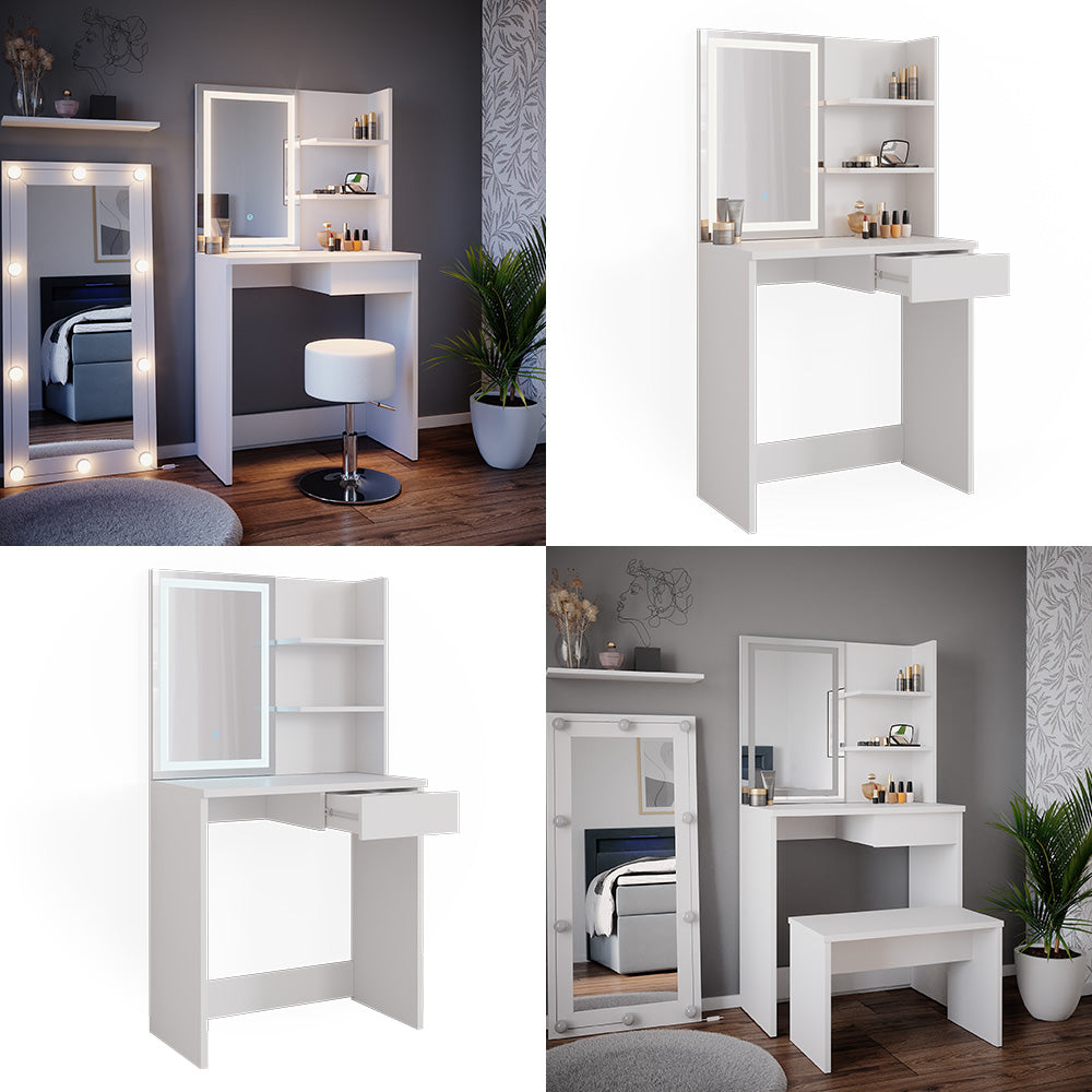 Vicco Tavolo da toeletta Bianco 75 cm con specchio a LED