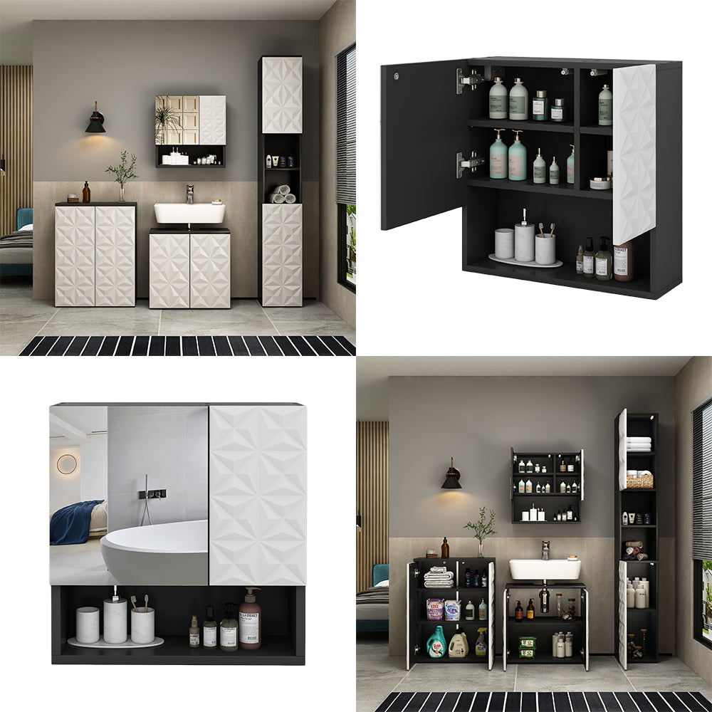 Vicco Specchio contenitore bagno Nero 54 x 55 cm con anta e vani a giorno
